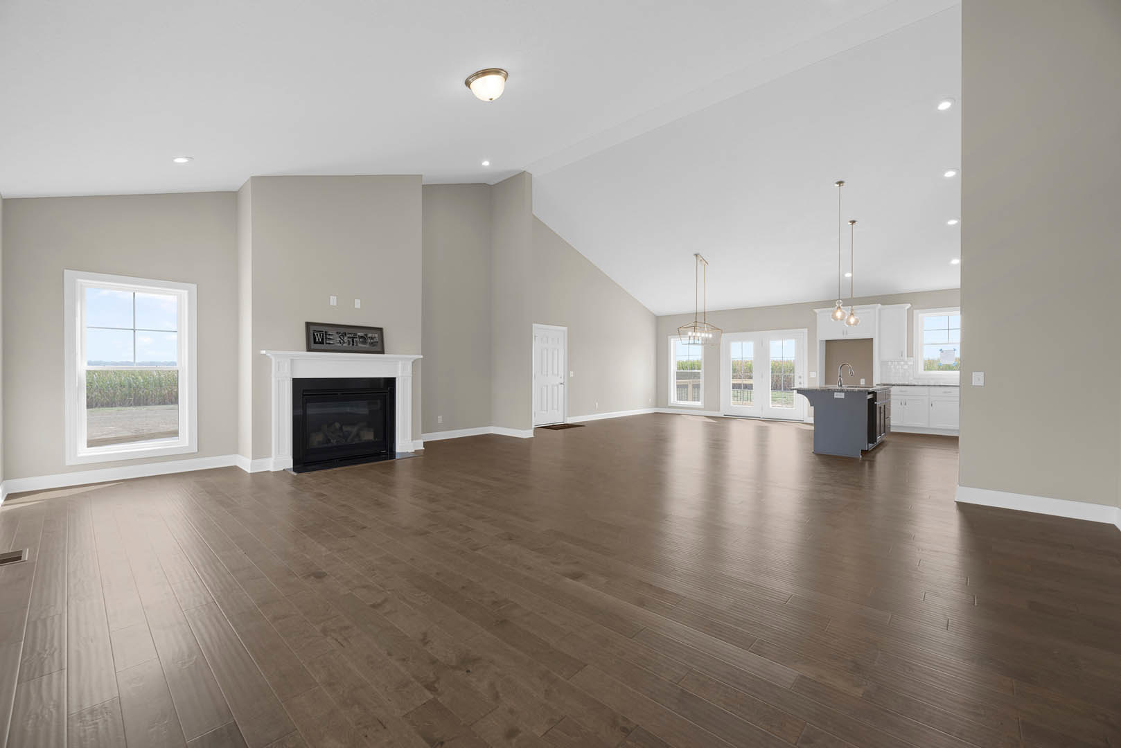 Spacious living room featuring hardwood floors, white plaster walls, glass-door fireplace, large window overlooking cornfield, ceiling light fixture, and built-in cabinetry