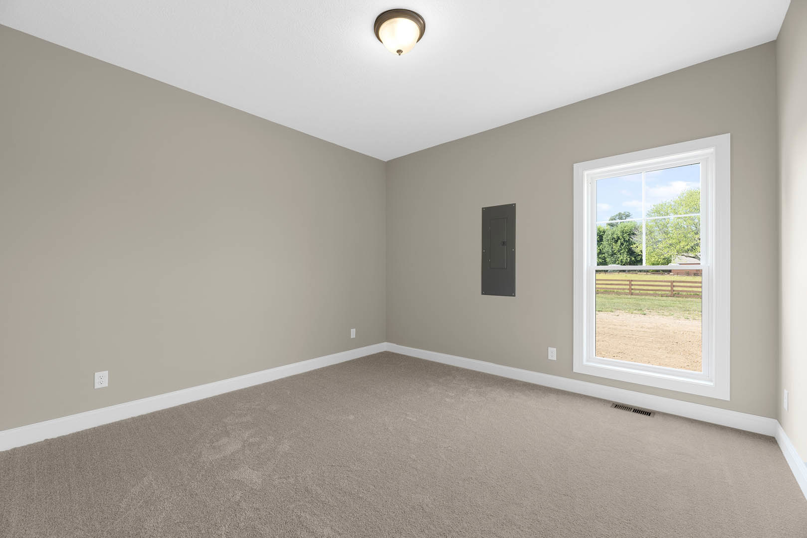 Carpeted room with white plaster walls, large window overlooking a fence and trees, grey metal door with black handle, ceiling light fixture, and decorative molding.