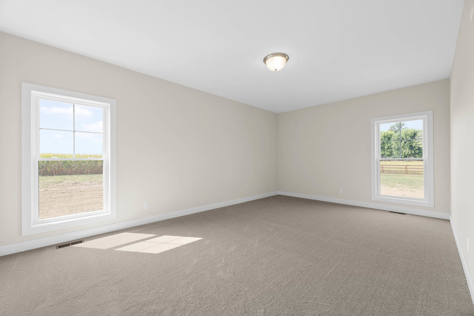 Carpeted room with multiple windows, white walls, ceiling light fixture, natural light streaming in, views of trees and open field outside