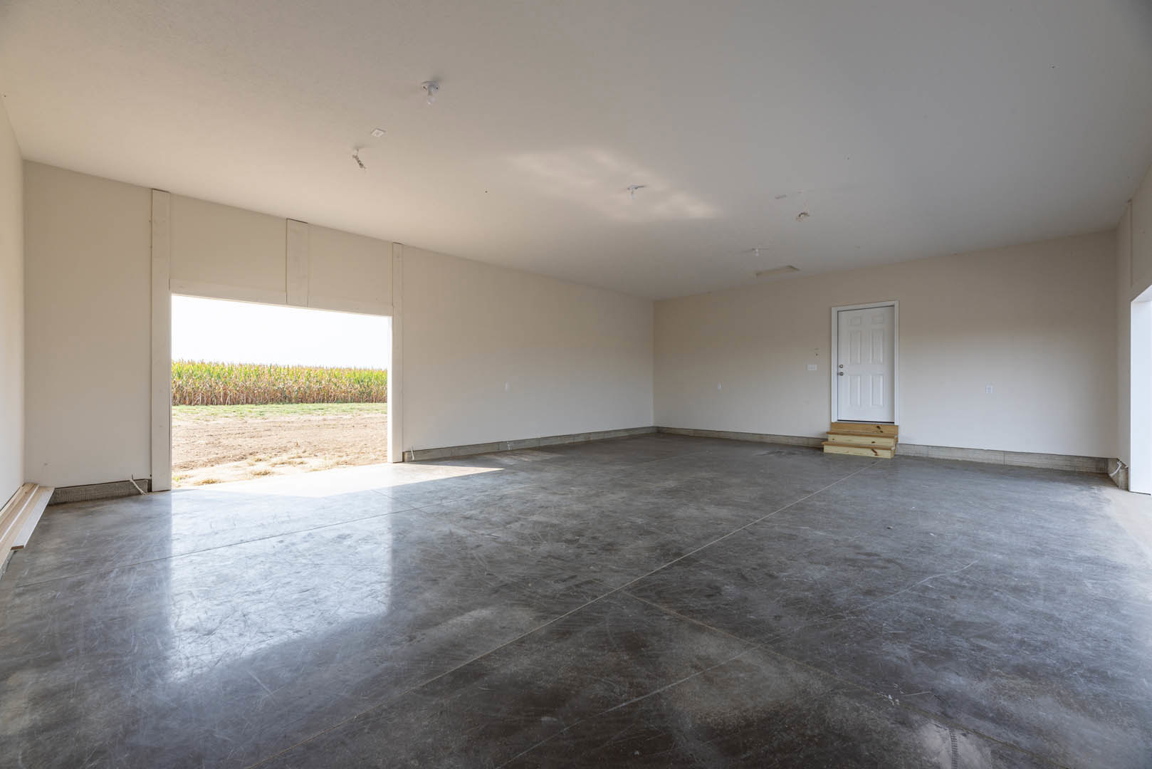 White door with silver handle open to a room with dark grey flooring, white plaster walls, and a wood step in foreground; field of grass and overcast sky visible through doorway