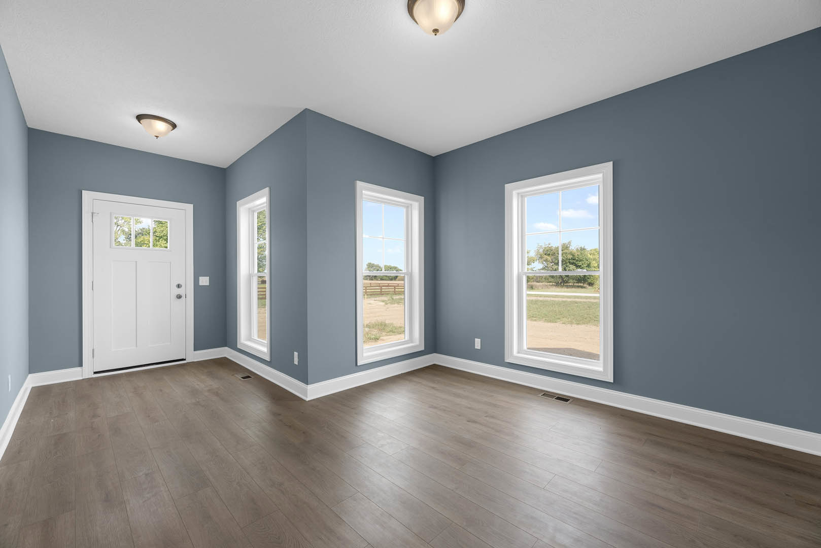 White paneled door with glass inset, large windows overlooking field and trees, wood laminate flooring, plaster walls, modern ceiling light fixture
