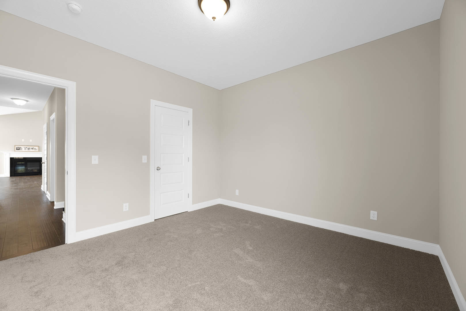 Carpeted room with white baseboards, white paneled door with silver knob, ceiling light fixture, and window letting in natural light