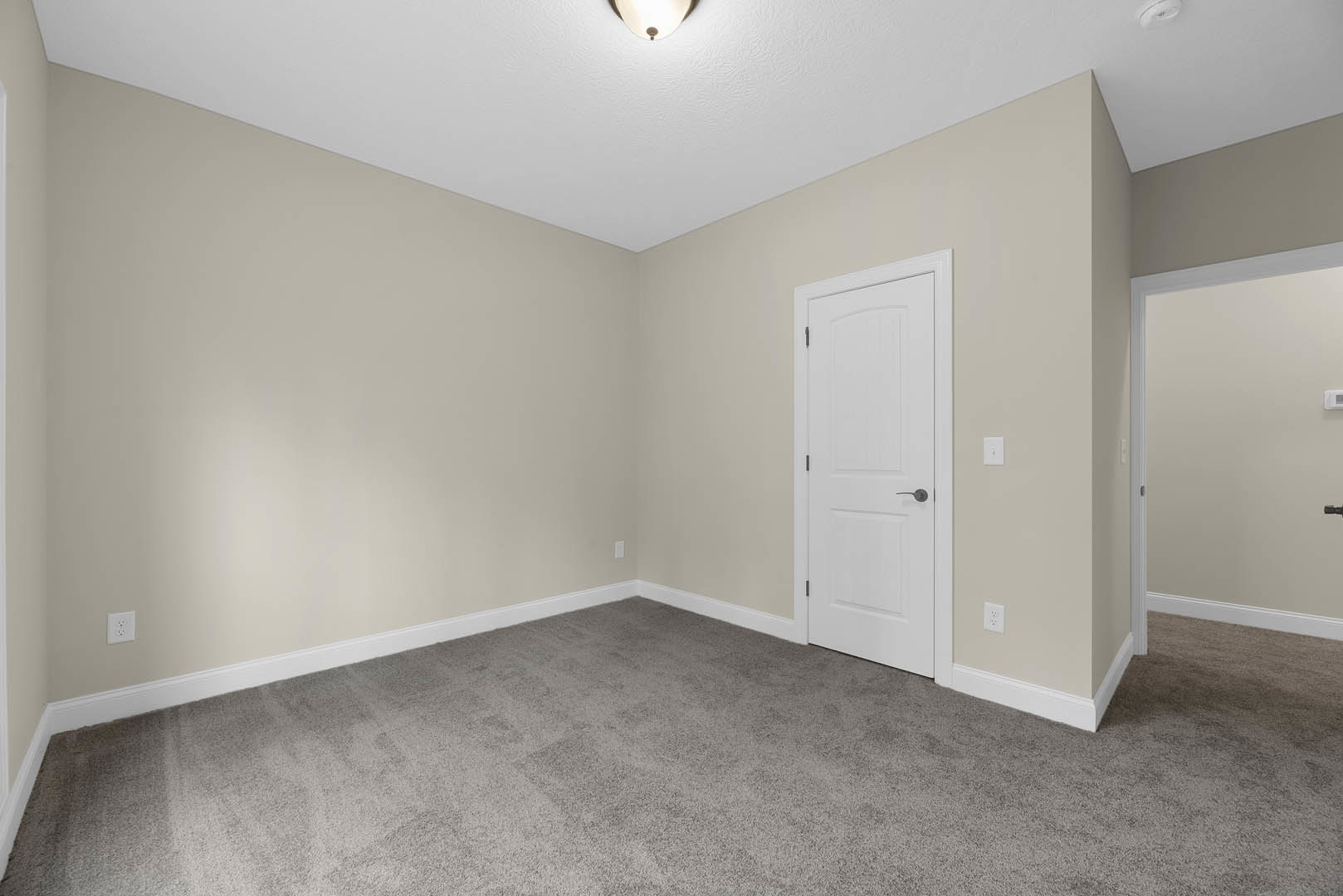 White paneled door with black handle set in a white wall, beige carpet flooring, ceiling light fixture, simple baseboard molding