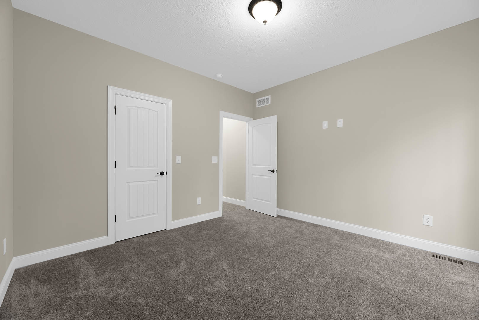 Carpeted room with two white doors featuring black handles, white walls, ceiling-mounted light fixture, and simple molding.