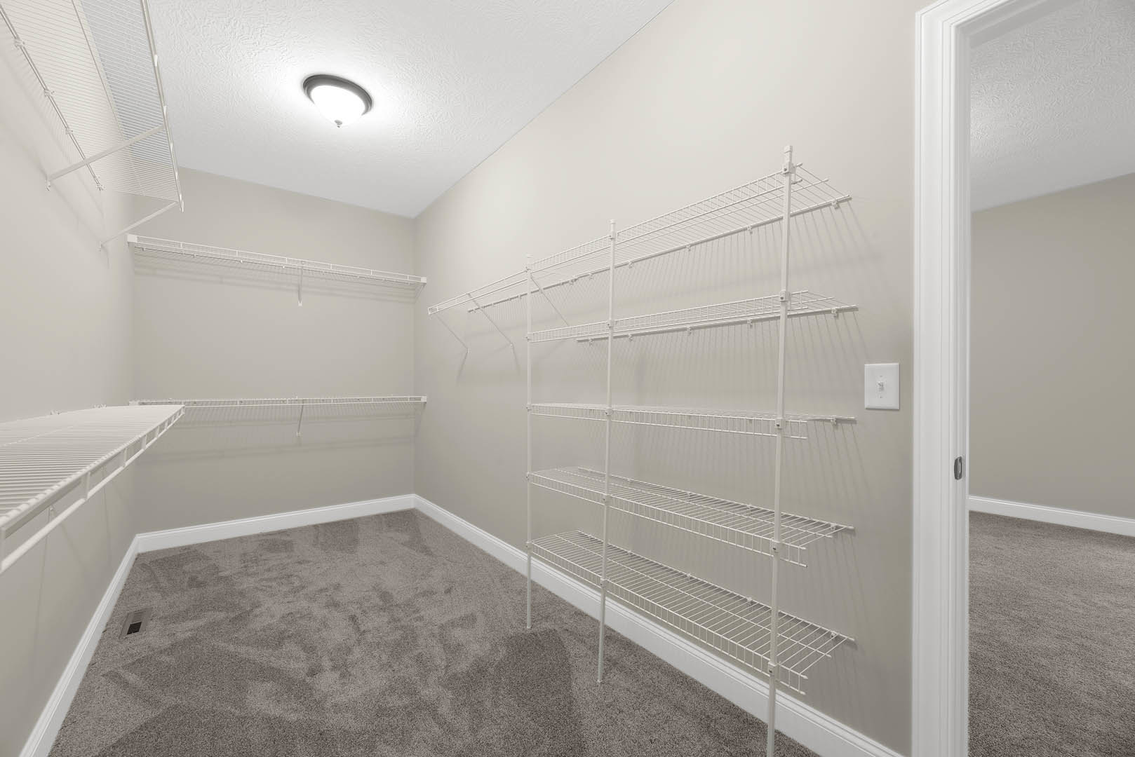 Carpeted room with white wire shelves mounted on the wall, white light switch, ceiling light fixture, and white plaster ceiling.