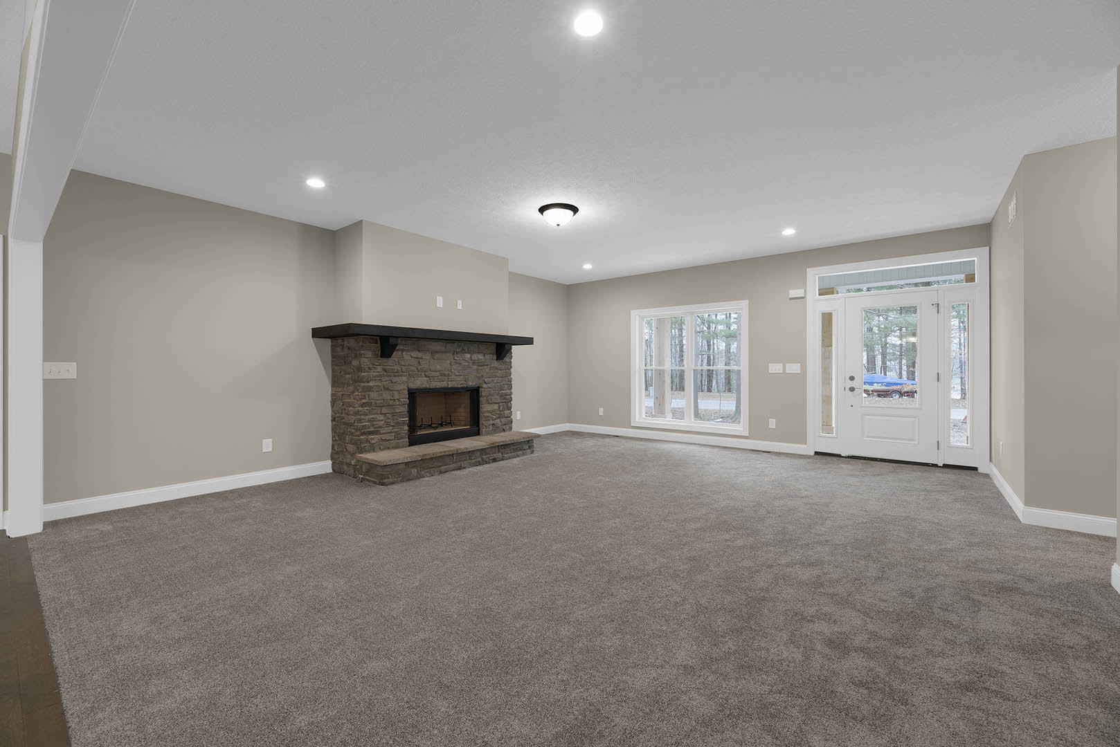 Living room with stone fireplace, carpeted floor, white door with glass panes, ceiling light fixture, plaster walls