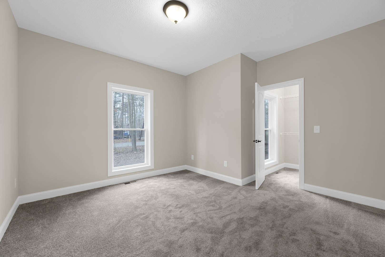 Bright room with white walls, carpet flooring, white door with glass panel, large windows showing trees outside, ceiling light fixture, and crown molding.