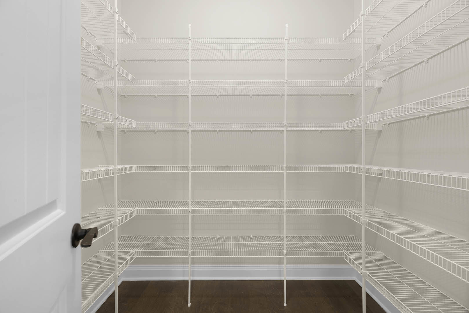 White pantry with open door, wood floor, and built-in white wire shelving against smooth walls