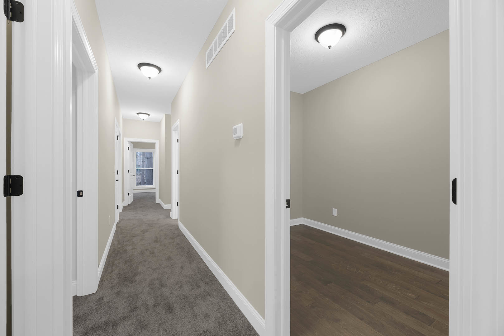Hallway with white plaster walls and dark wood flooring, ceiling light fixture, white door with window, black door hinge, window overlooking snowy landscape