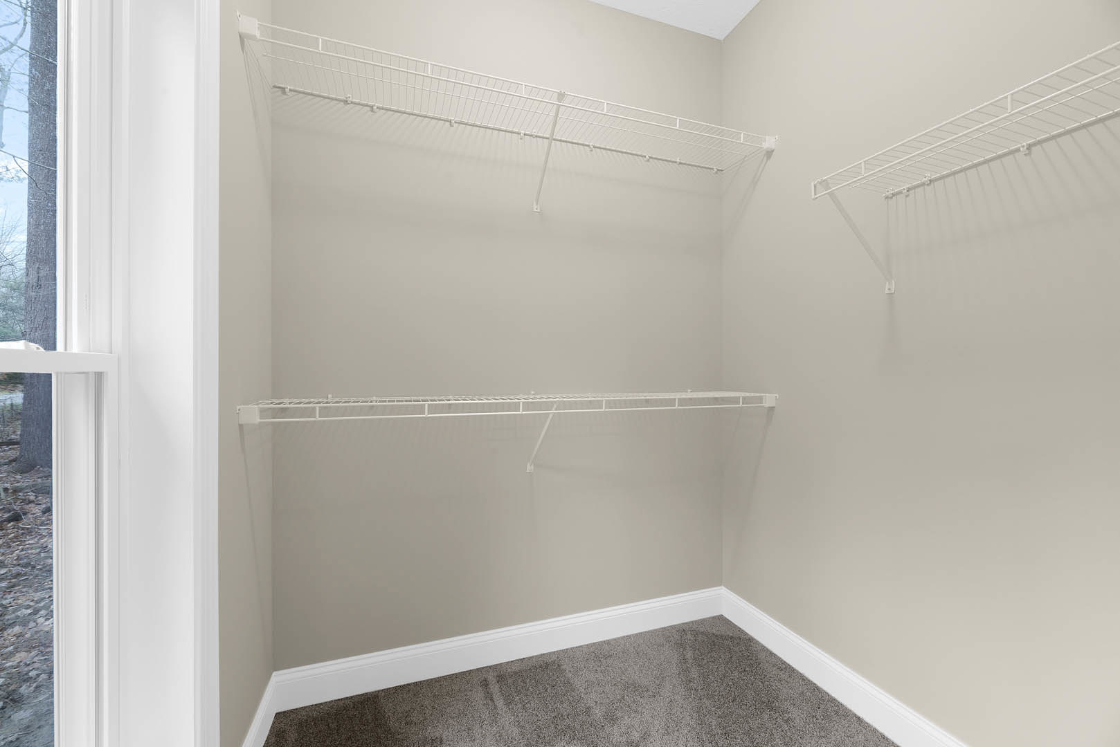 Empty closet with white wire shelving, hooks, and grey carpet flooring adjacent to painted wall