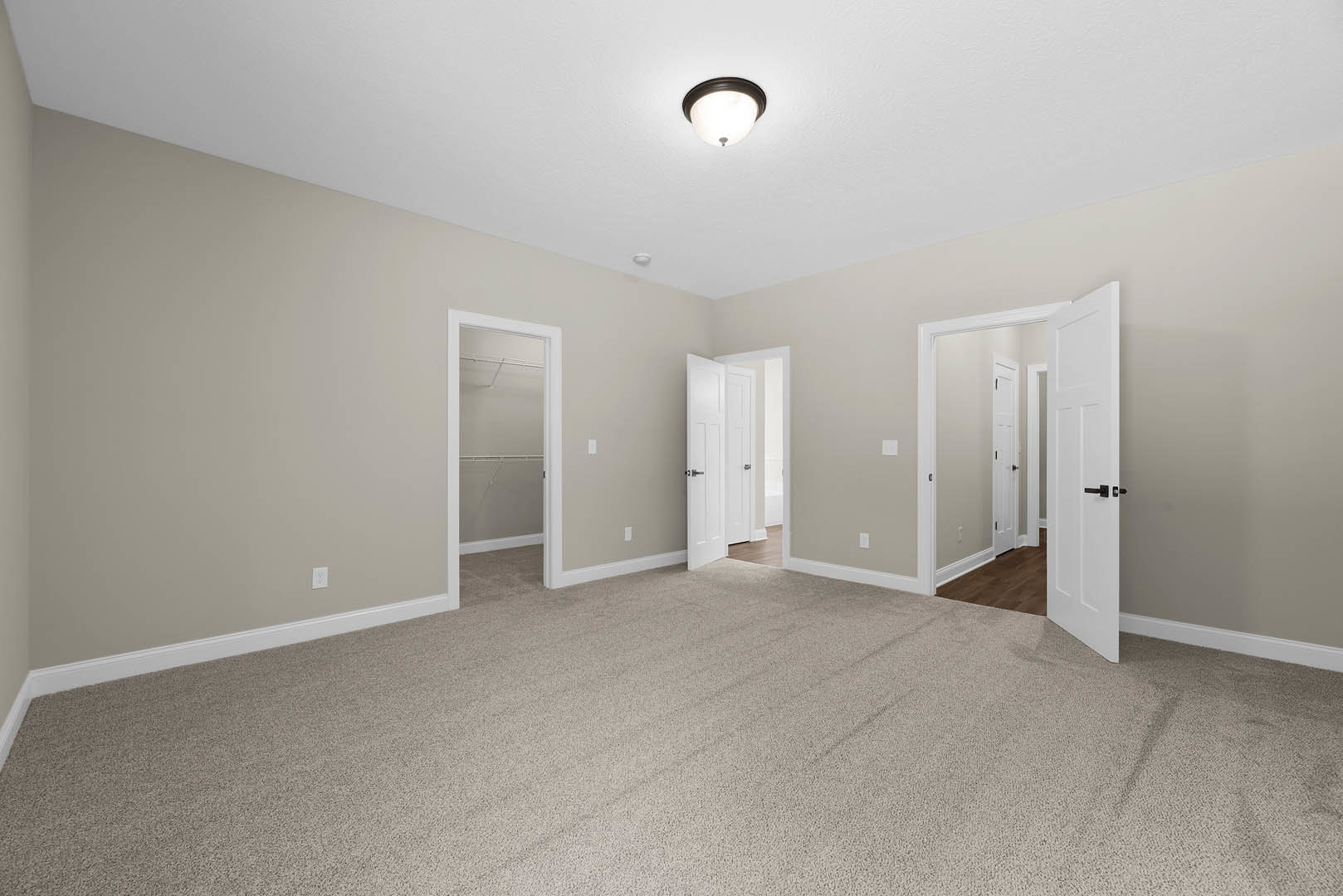 Carpeted room with white paneled doors featuring black handles, white trim, and a ceiling-mounted light fixture