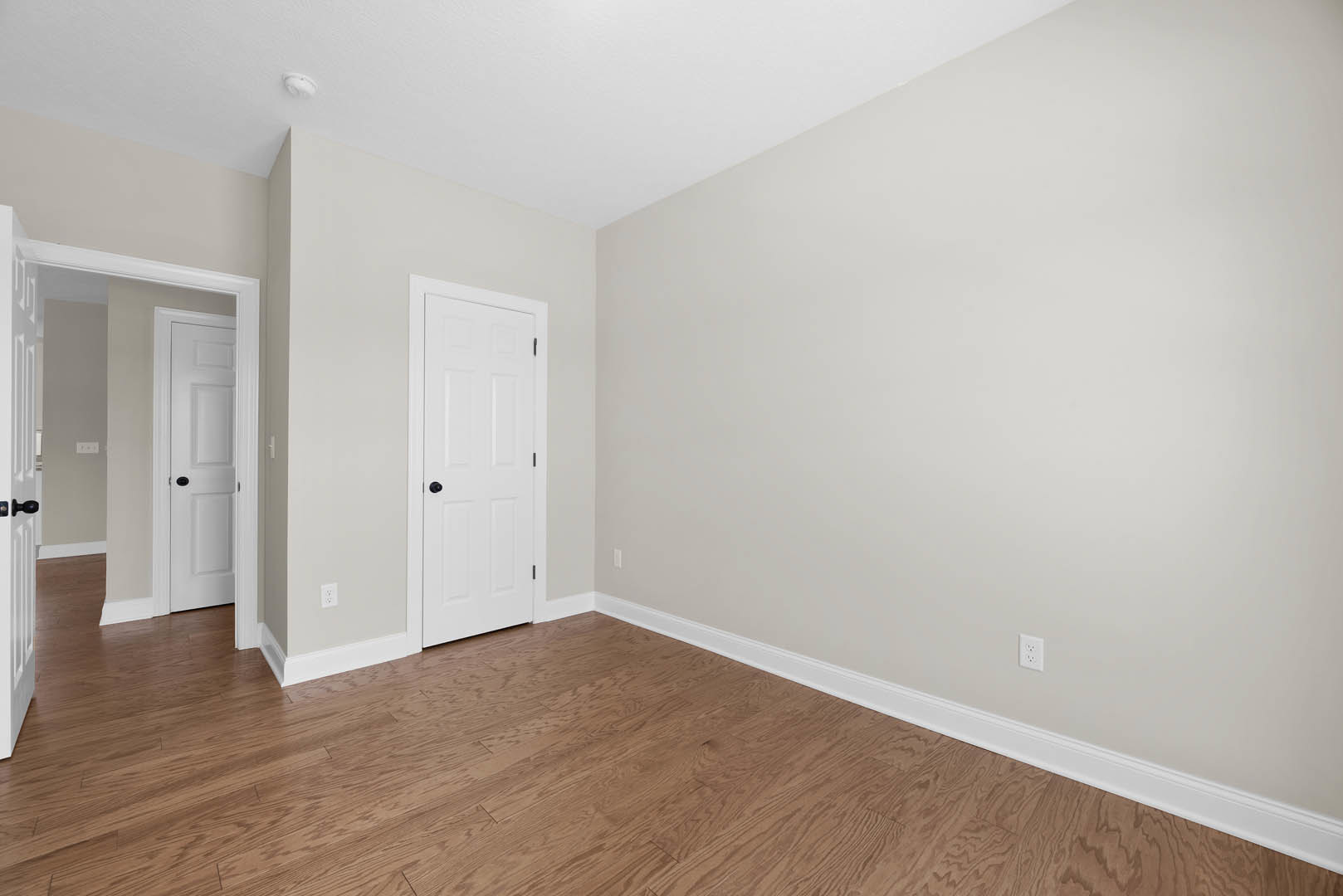 White paneled door with black hardware, wood plank flooring, white baseboards, and smooth white walls and ceiling