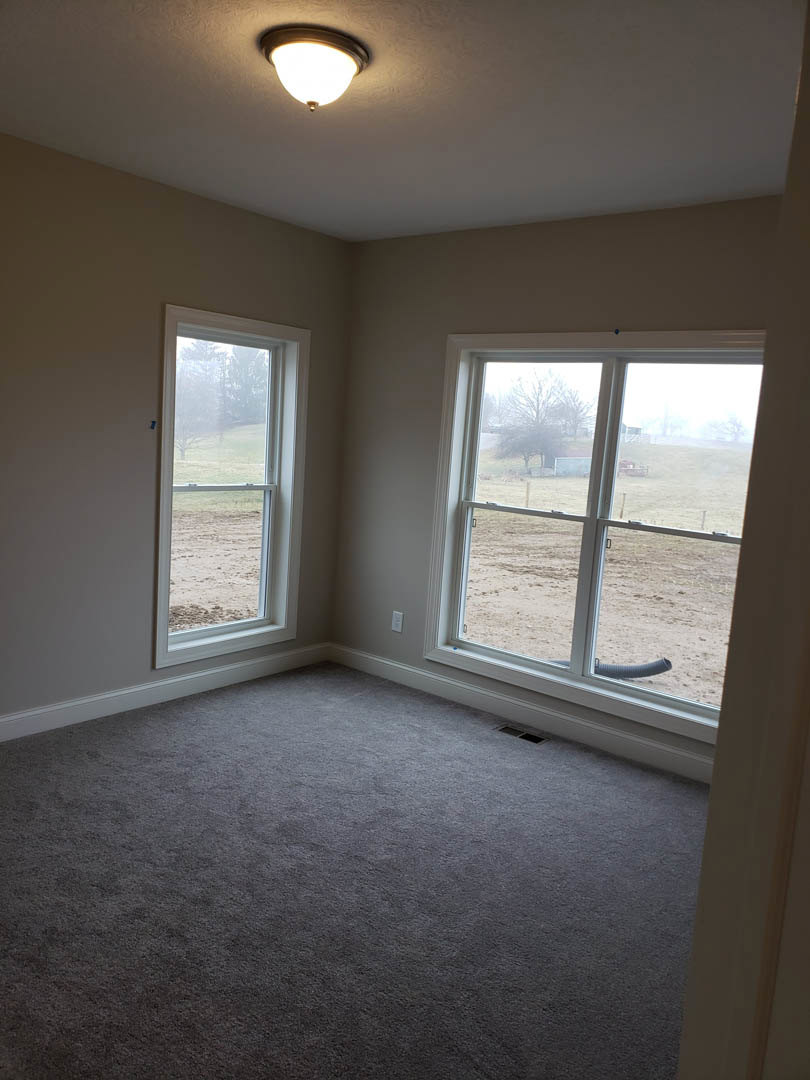 Carpeted room with multiple windows, white plaster walls, ceiling-mounted light fixture, view of grassy field and garden hose outside