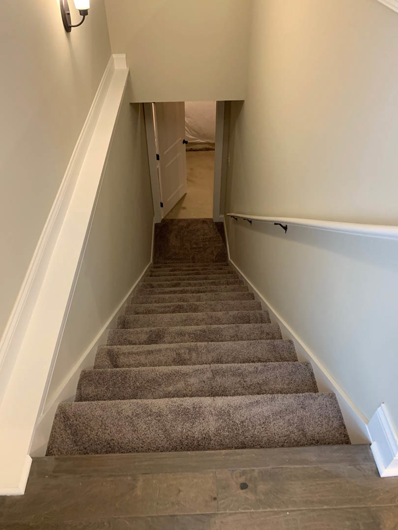 Carpeted staircase with white wooden handrail, adjacent to light wood flooring and white paneled door, surrounded by neutral plaster walls and ceiling.
