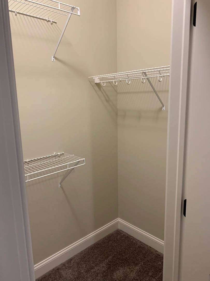 Walk-in closet with white shelves, metal grate rack, hooks, carpeted floor, and white paneled door