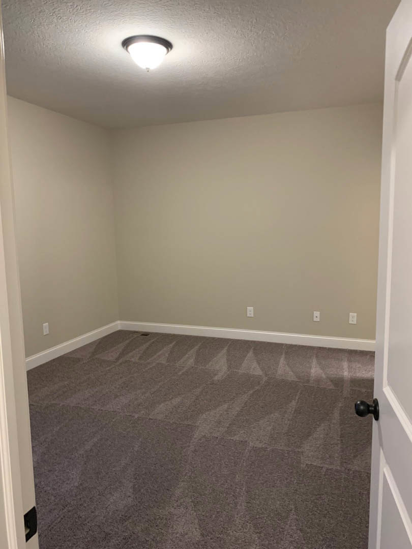 Carpeted room with white walls, white door frame, black door knob, ceiling-mounted light fixture, and laminate wood flooring visible near doorway.