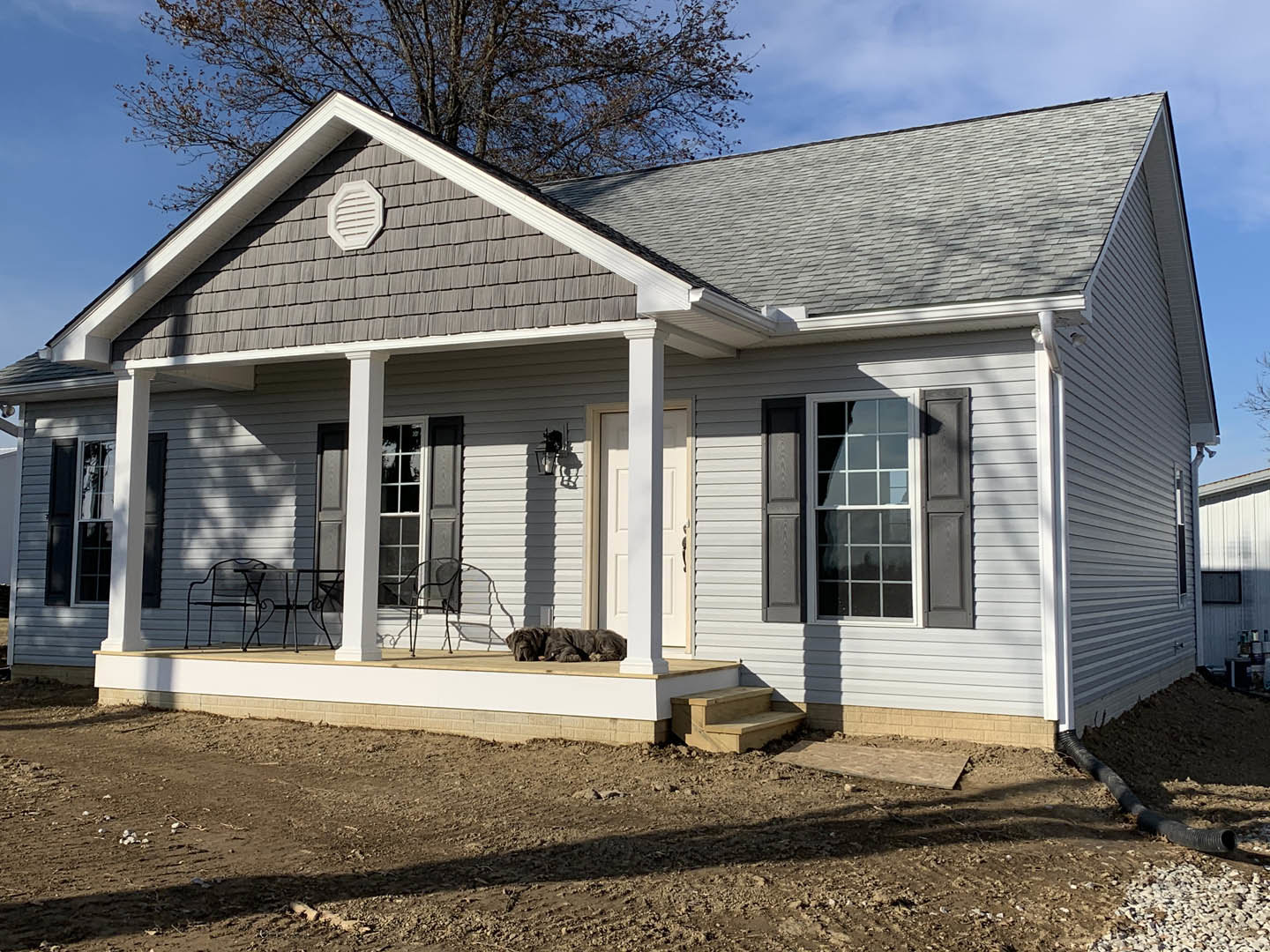 Gray siding house with white-framed window, covered porch featuring wooden stairs, dog lying on porch, white vent above window, tree and sky in background, dirt ground in