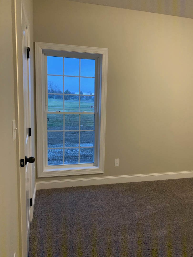 Carpeted room with striped flooring, white walls, large window showing blue sky and open field, door with white trim, simple interior molding