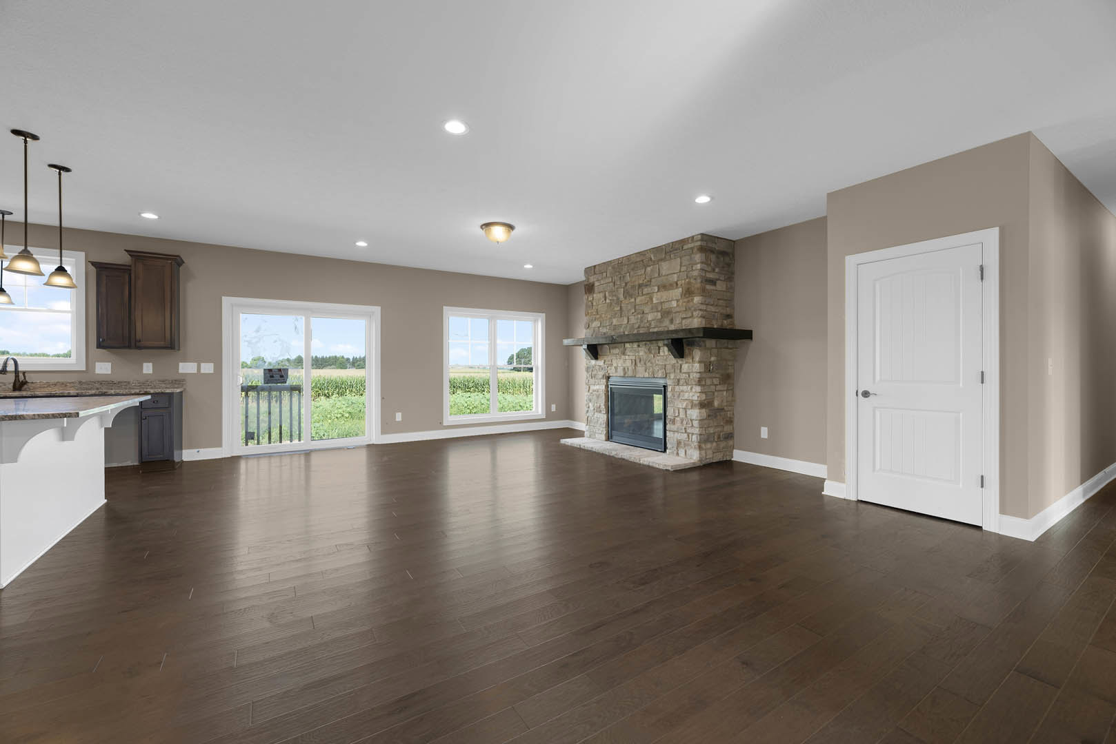Living room with hardwood floors, white door with black handle, fireplace featuring glass door, large window overlooking field of plants