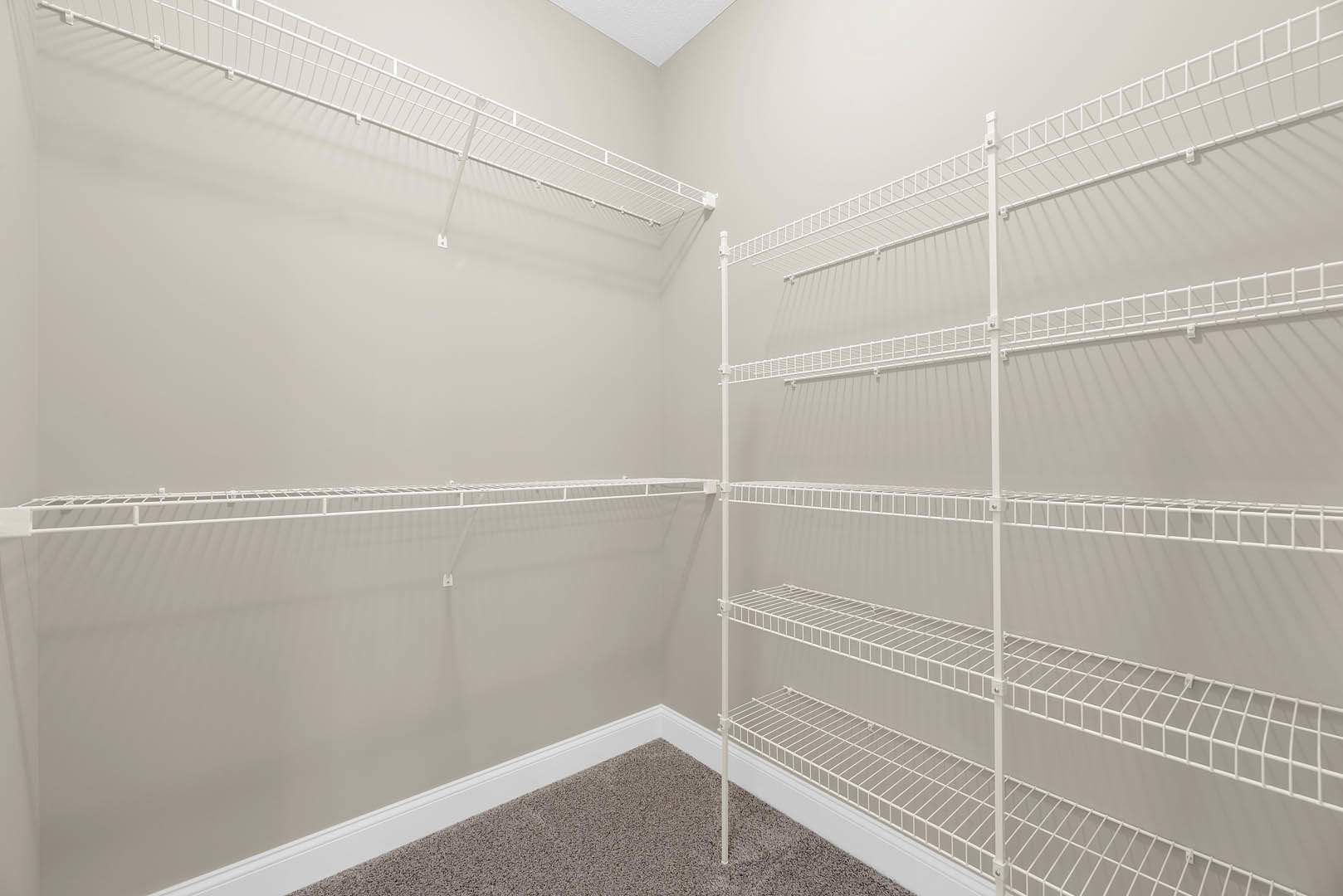 White built-in shelves against a plaster wall, white metal ladder leaning nearby, light carpet flooring