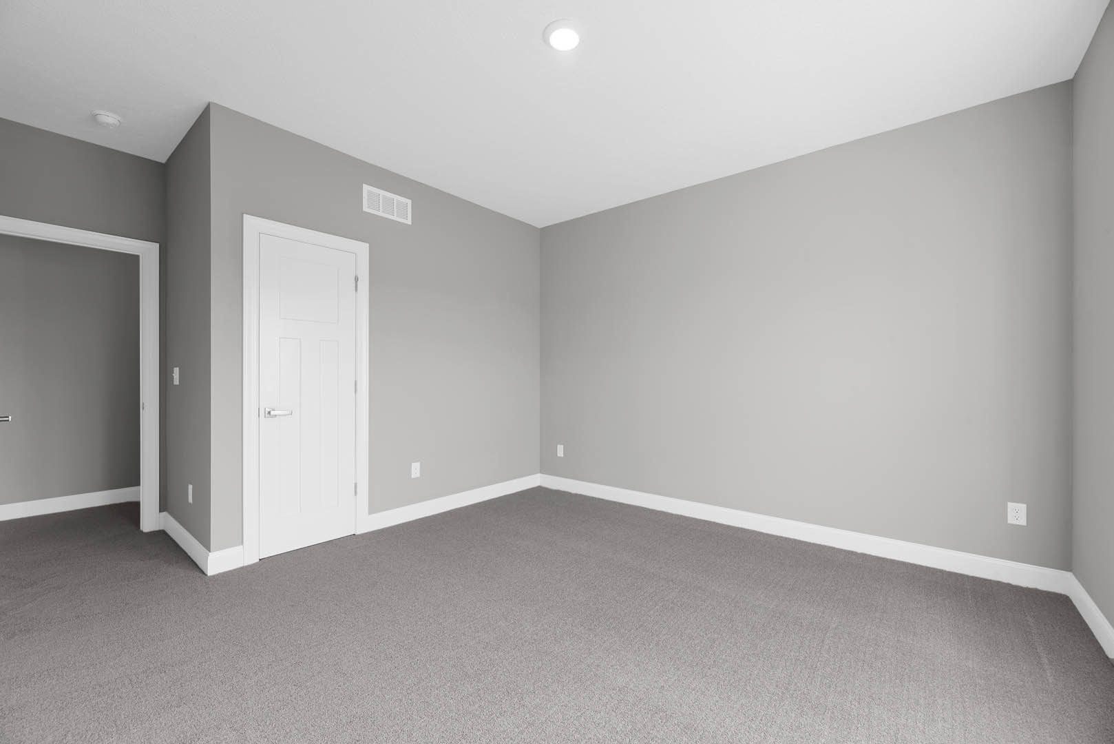 White paneled door with silver handle, grey carpeted floor, white walls, ceiling light fixture, and ceiling vent in a residential room