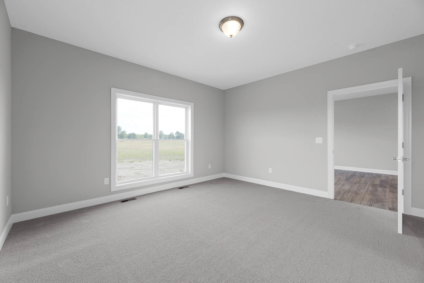 Carpeted room with white walls, large window overlooking grassy field, ceiling light fixture, white door, laminate wood flooring near entrance