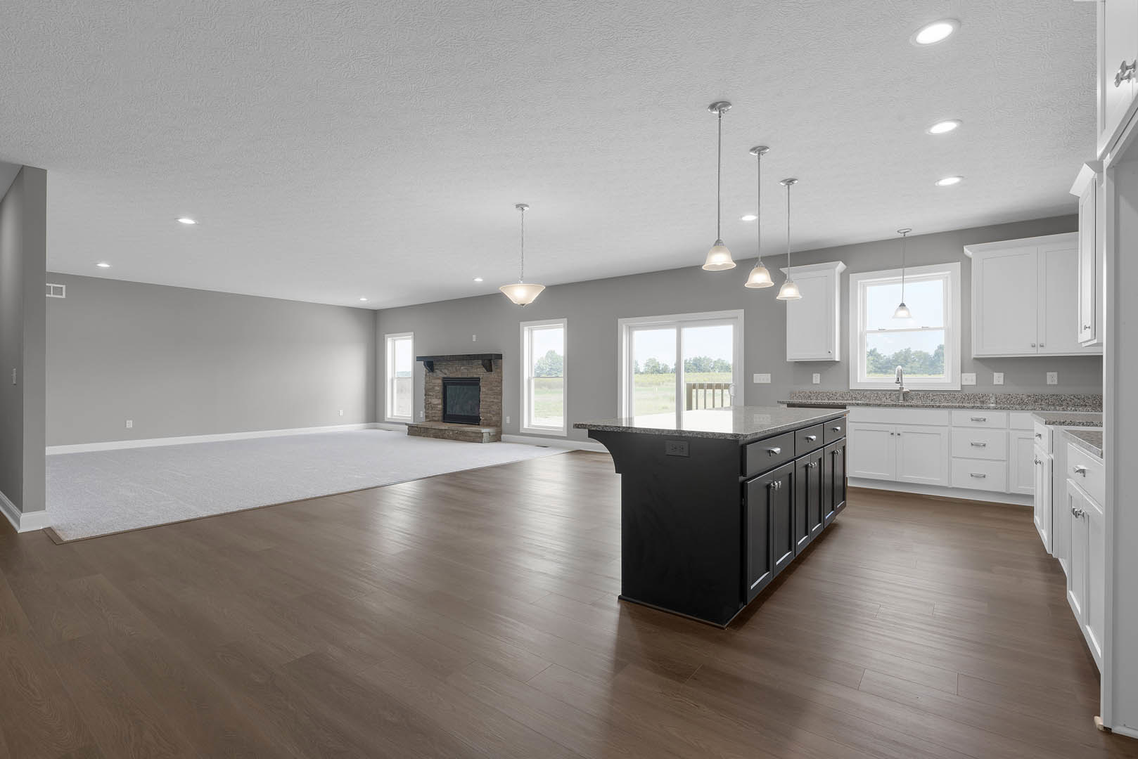 Spacious kitchen and living area featuring a granite-topped island, hardwood flooring, black-screened fireplace, white glass-paneled door, ceiling light, and white cabinetry.
