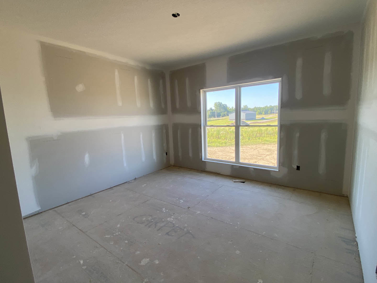 Bright room with painted walls, large window overlooking grassy field, neutral carpet flooring, daylight streaming in