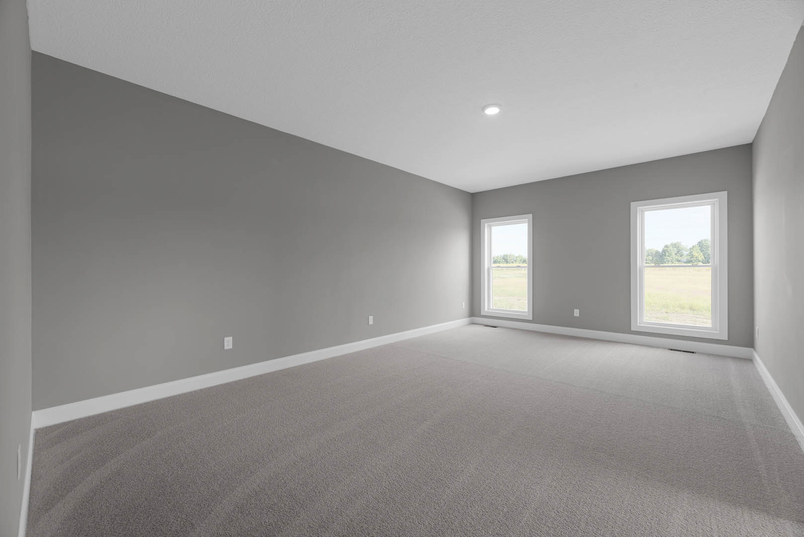 Carpeted room with two large windows, white plaster ceiling with recessed light, walls painted light neutral, view of grassy field and distant tree through windows