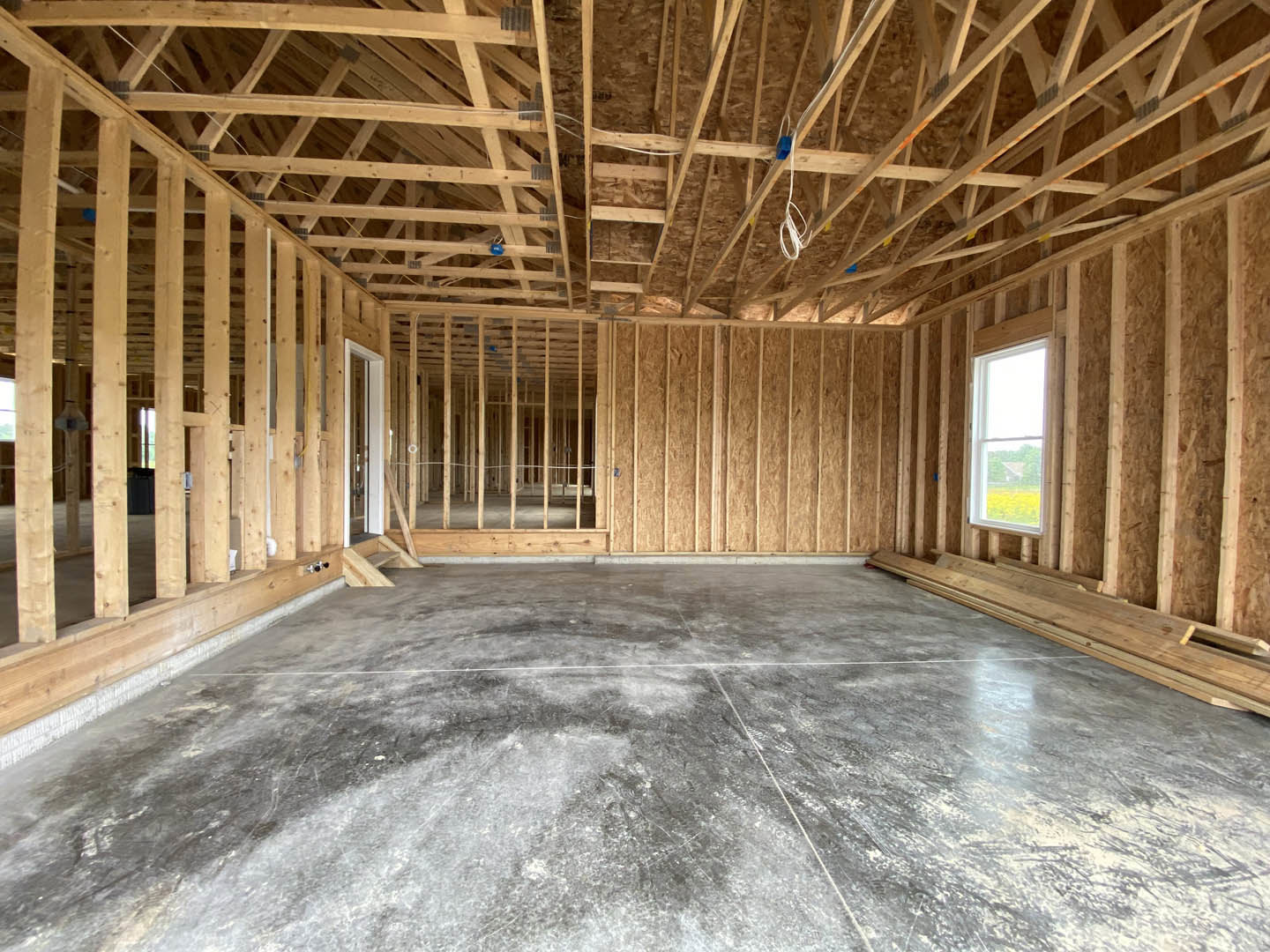 Concrete floor with white lines, exposed wooden ceiling beams and wiring, large window overlooking trees, partial view of a door.
