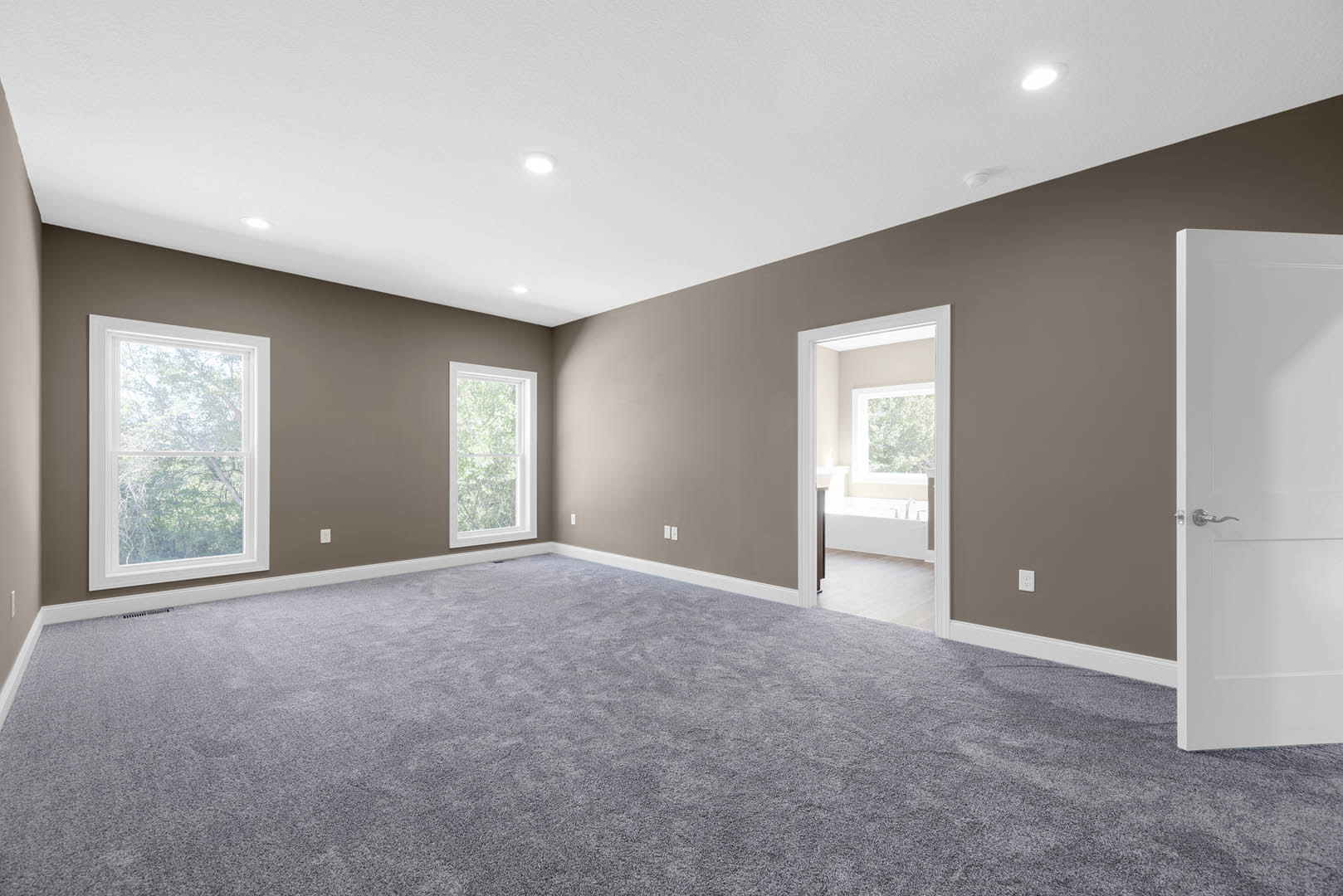 Grey carpeted room with large white-framed windows, white walls, and a white door featuring a modern handle; trees visible outside.