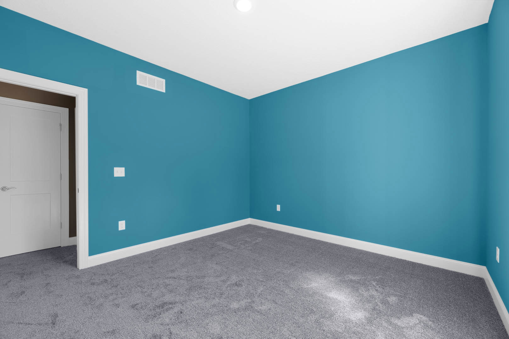 Blue walls with white trim, grey carpet flooring, white door with silver handle, ceiling light fixture, white air vent on wall