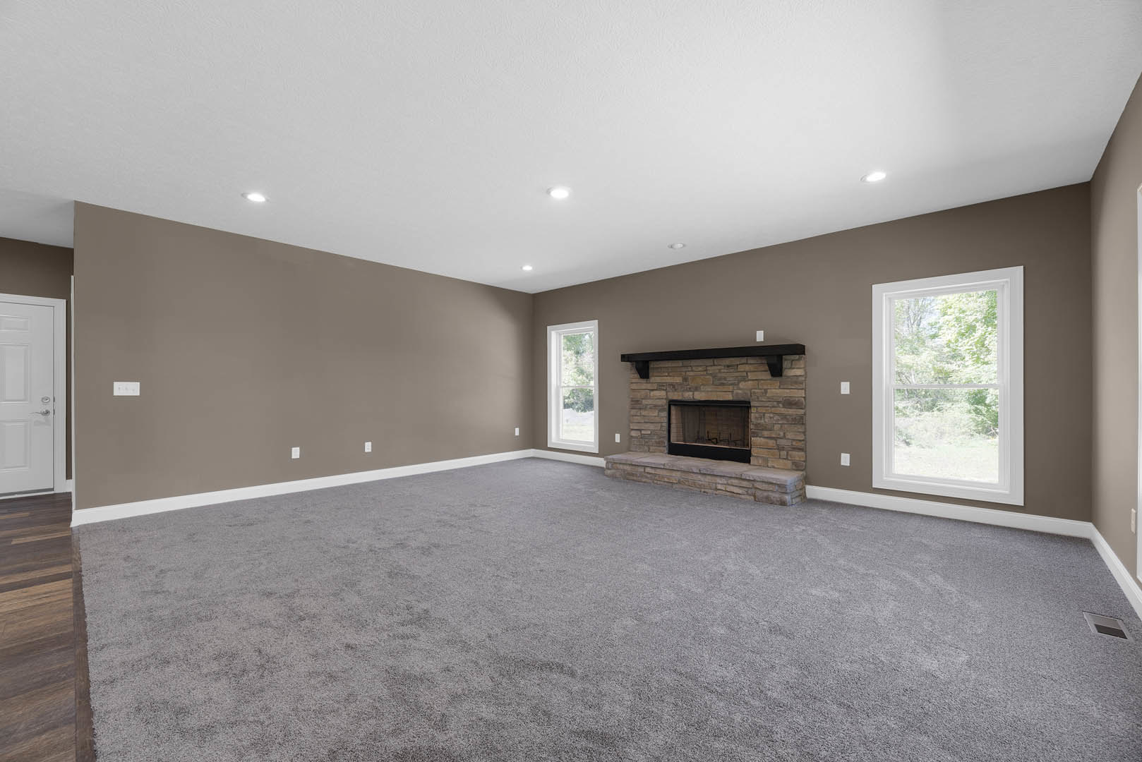 Carpeted living room featuring a black-framed fireplace, large white-trimmed windows overlooking trees, and a white door with a silver handle.