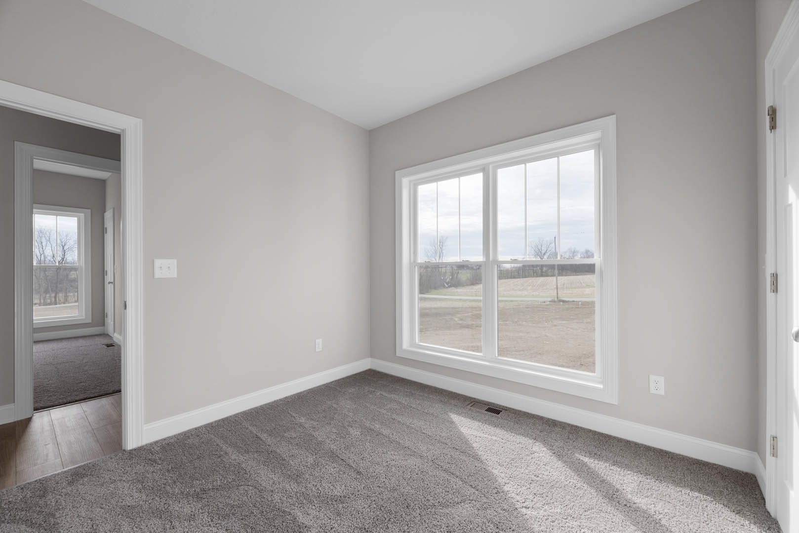 Bright room with white walls, large window overlooking trees and a field, grey carpet flooring, white wall outlet, and a door visible on one side