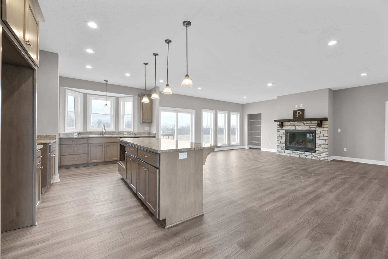 Spacious open floor plan featuring hardwood floors, a central kitchen island with white cabinetry, a glass-door fireplace, and a cat resting on a sunny window ledge.