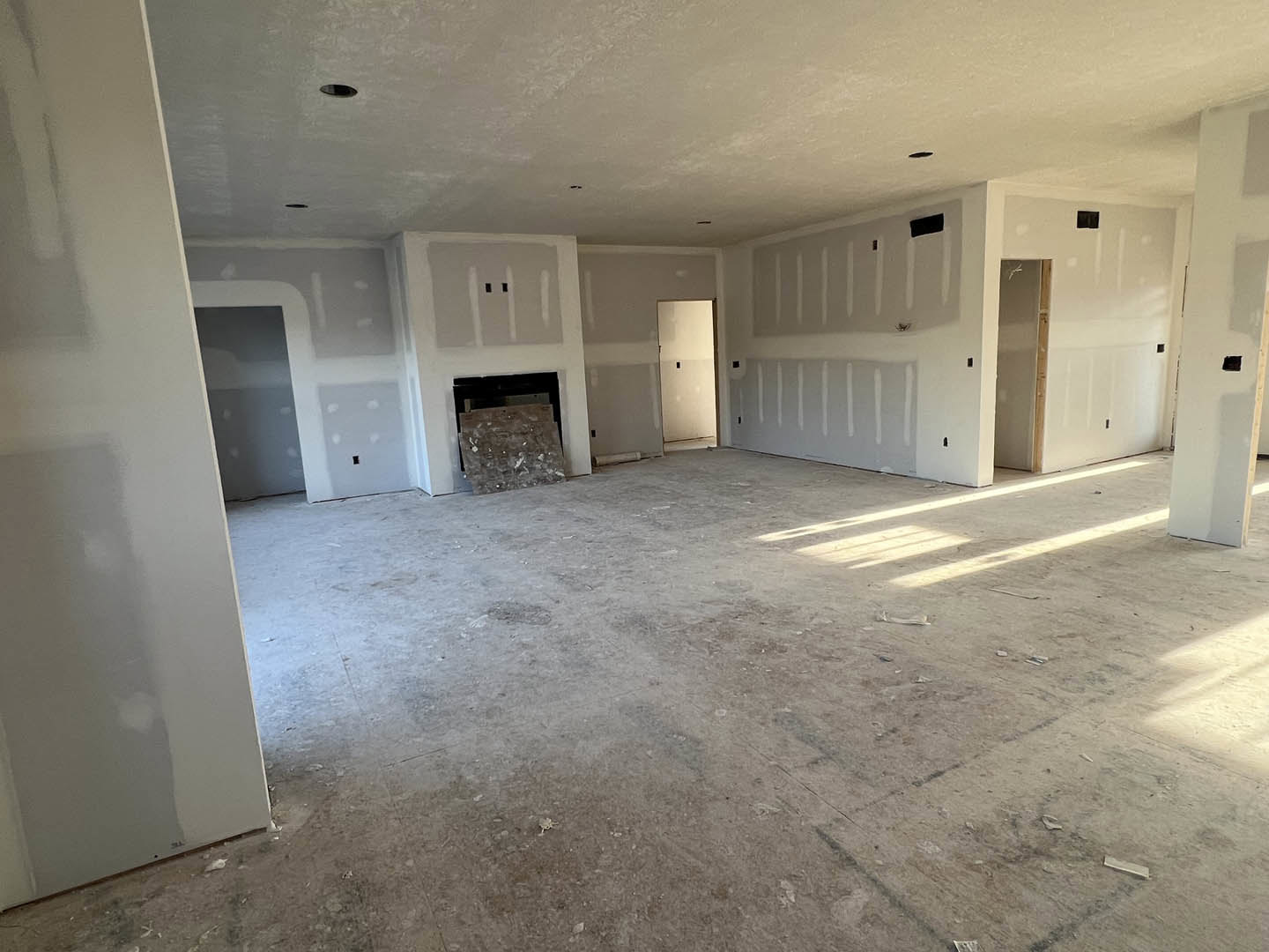 Living room with white plaster walls, black-framed fireplace, light wood flooring, open white door, and recessed ceiling lights