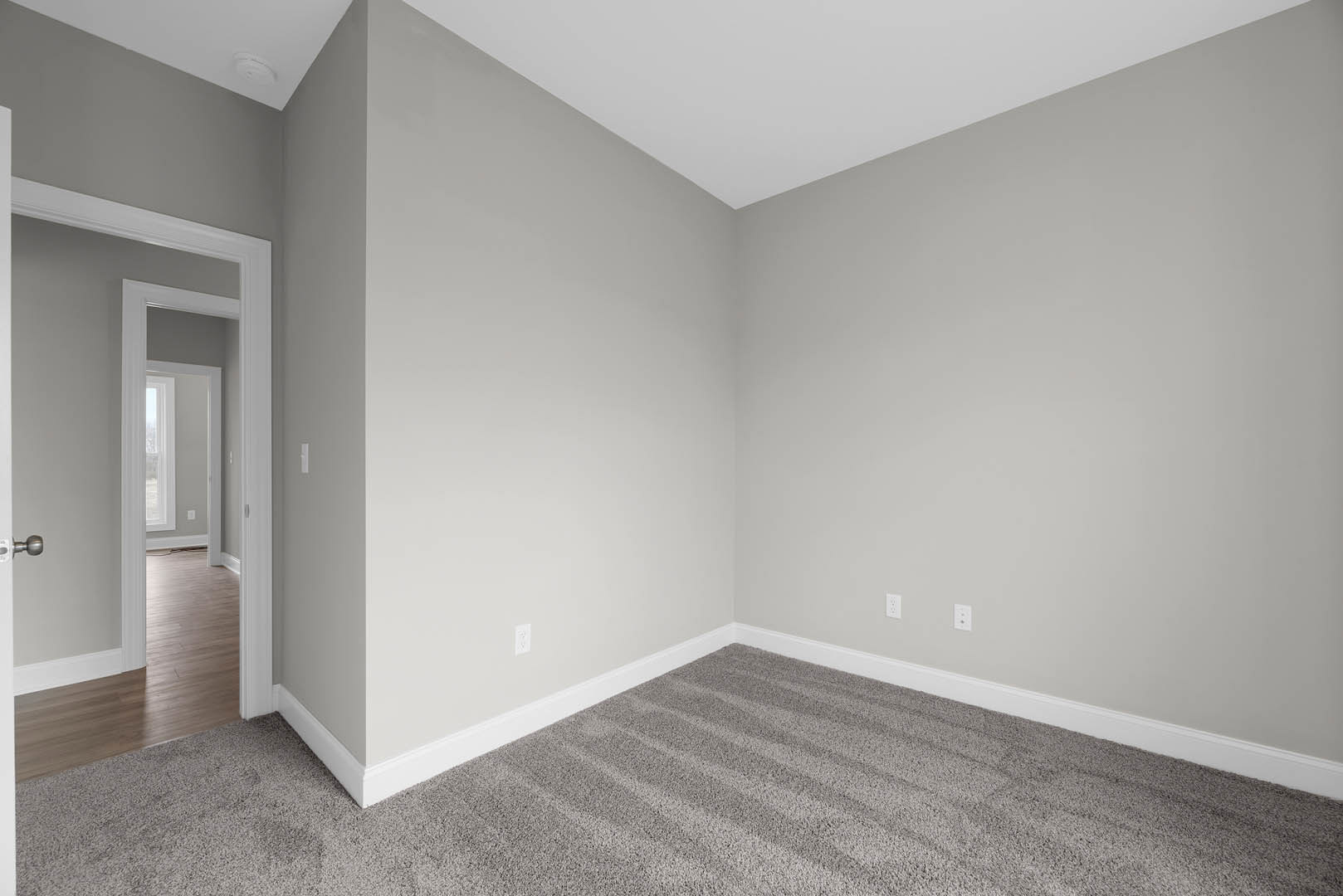 Neutral-toned carpeted floor, white plaster walls, open white door with glass window, simple molding along baseboards