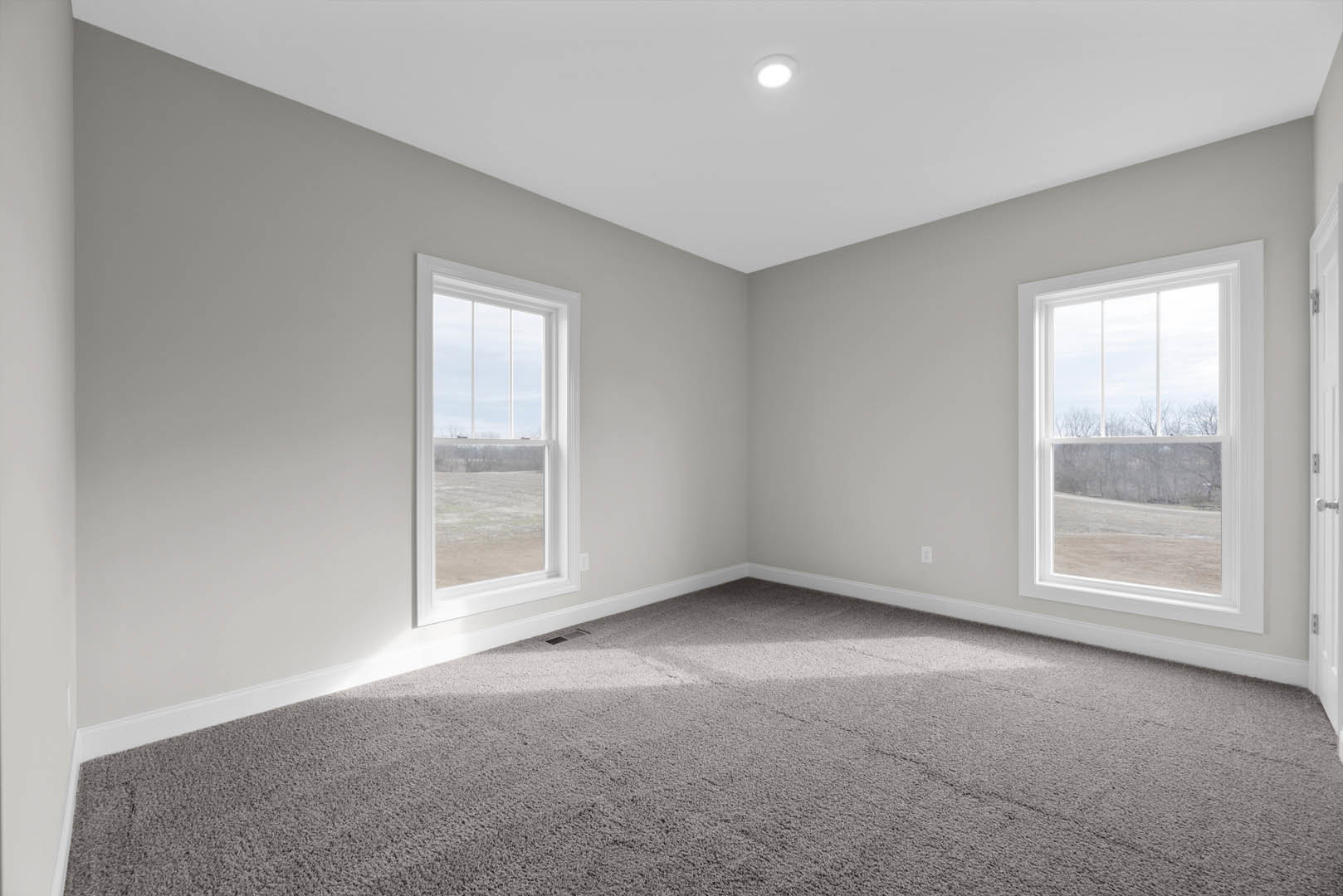 Carpeted room with large windows, white walls, ceiling light fixture, and outdoor views of trees and open field