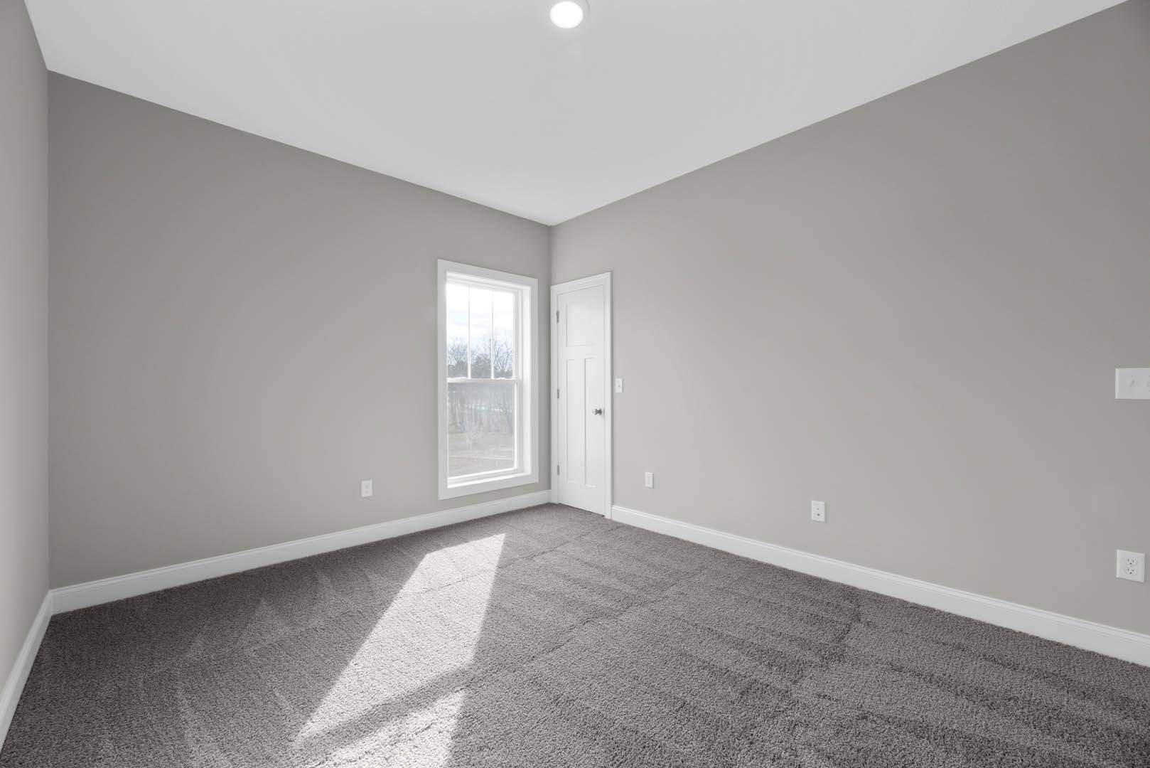 Neutral-toned carpeted room with white walls, white ceiling, recessed light fixture, large window showing leafy trees, and white door with silver hardware