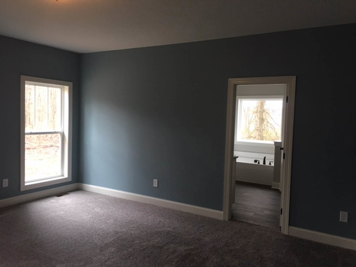 Bathroom with freestanding white bathtub, open door, large window with white frame, tree visible outside, carpeted floor in adjacent room