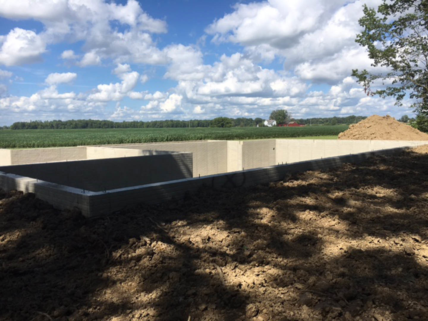 Expansive dirt field bordered by tall brick wall with graffiti, scattered green trees under blue sky with clouds