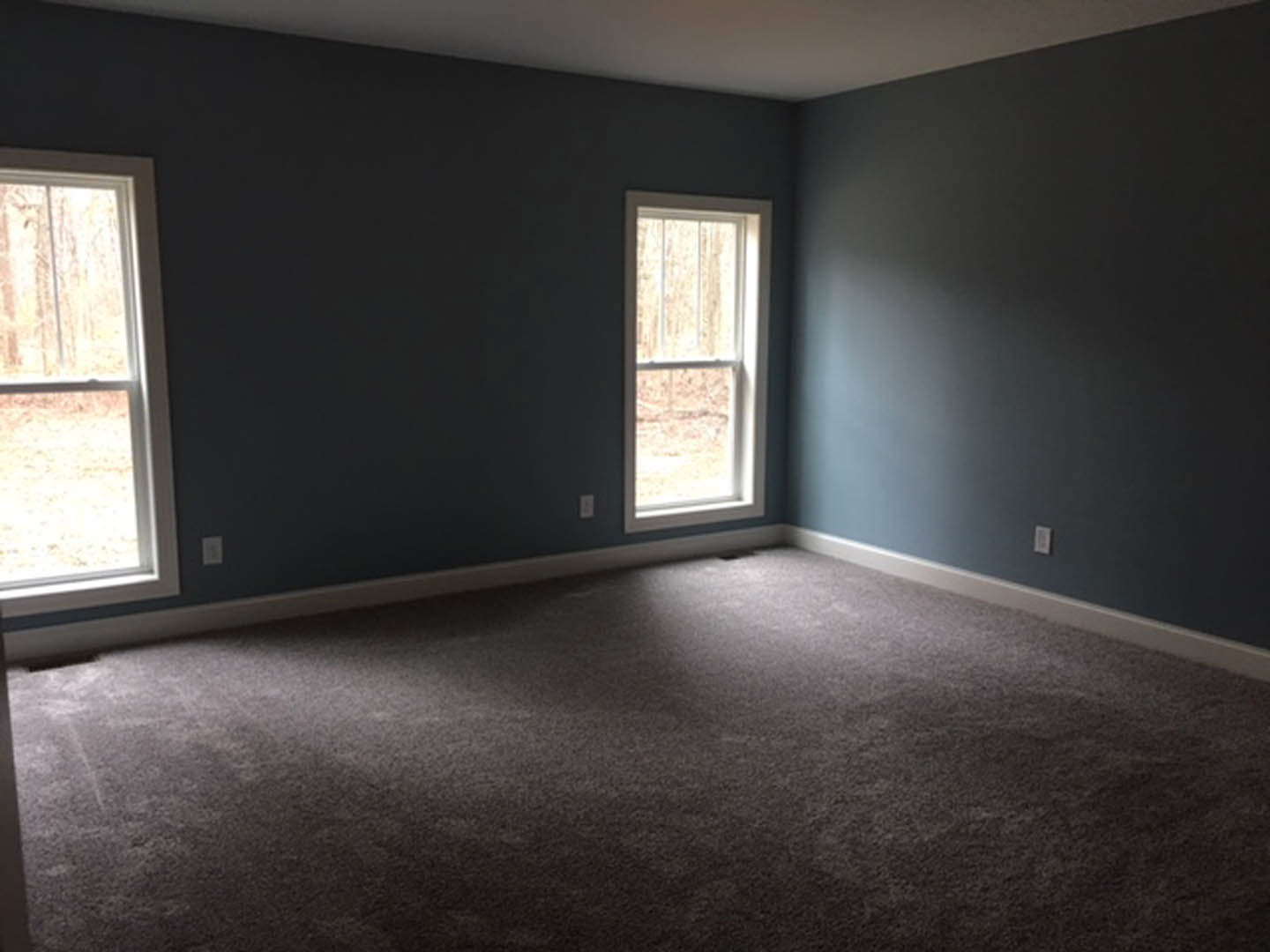 Carpeted room featuring two windows with white frames, dark painted walls, and brick accent wall.