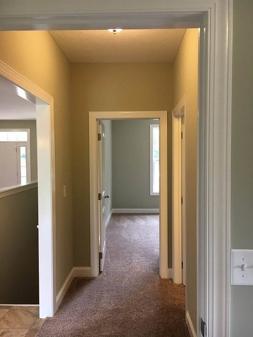 Hallway with light carpet flooring, multiple white paneled doors, and smooth white walls