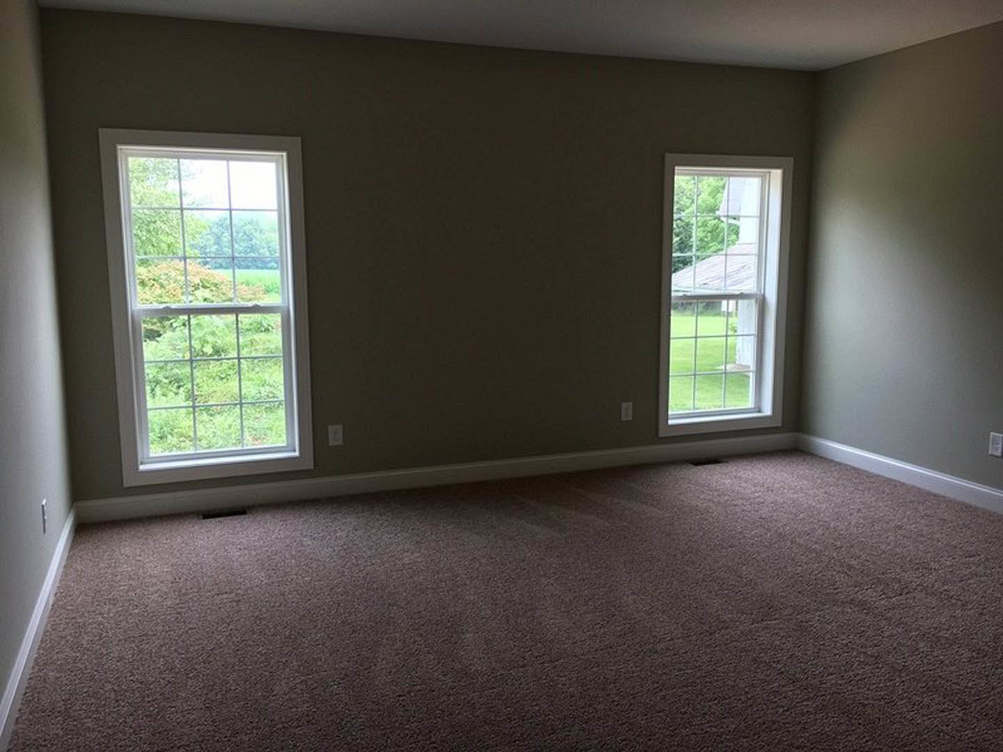 Carpeted room with two multi-pane windows, white walls, sunlight streaming in, partial view of green lawn and fence outside