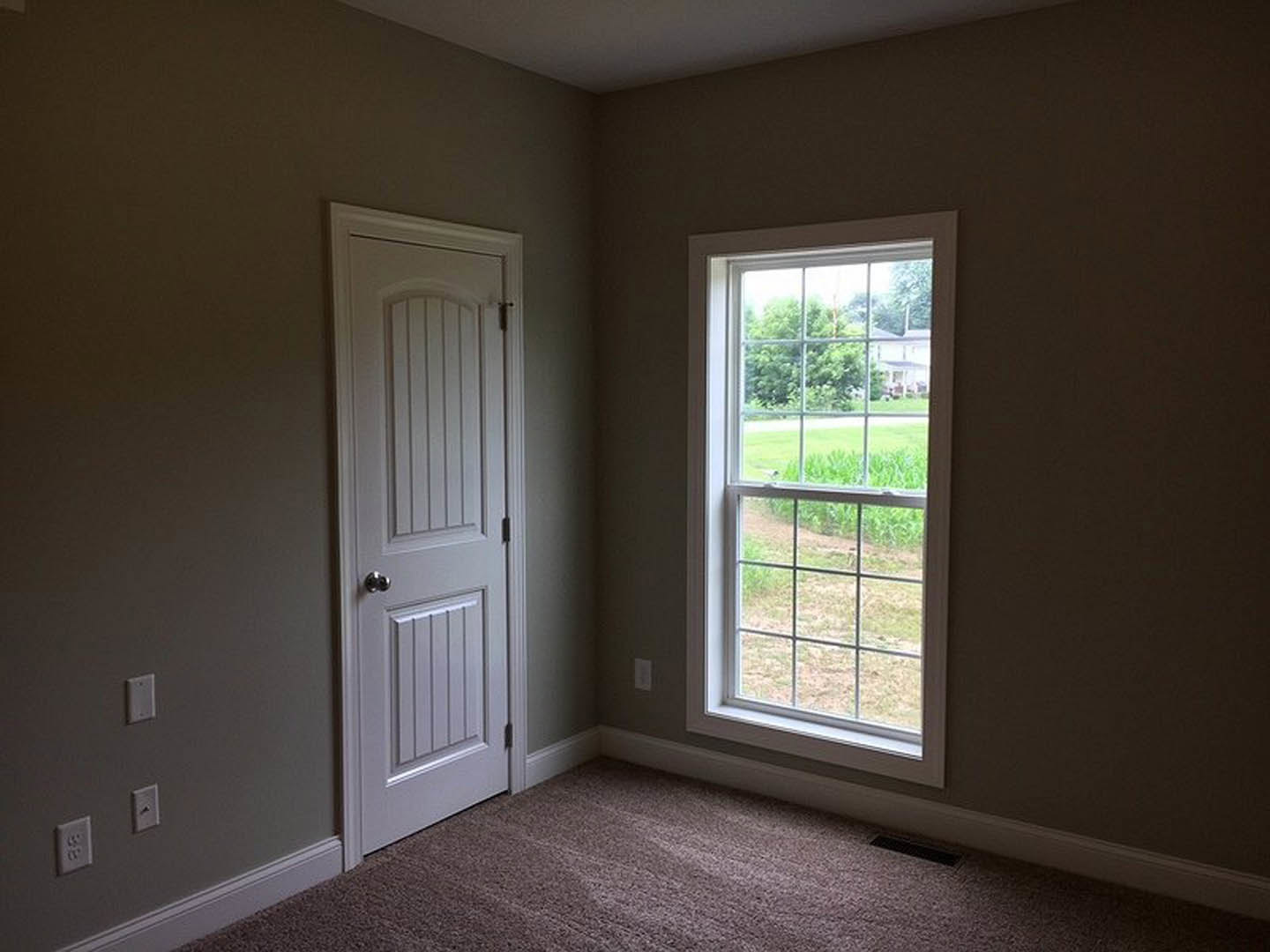 Neutral-toned carpeted room featuring a white-framed window overlooking grassy field, paneled door with brushed metal handle, and visible wall outlet.