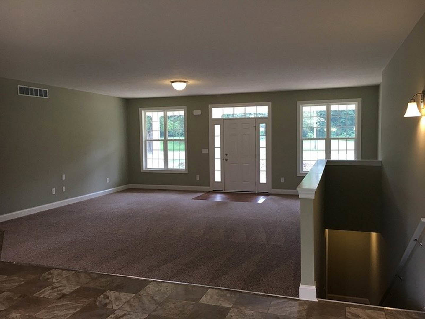Living room with white door featuring glass panes and black handle, large window overlooking grassy yard, light fixture on white ceiling, neutral carpet flooring