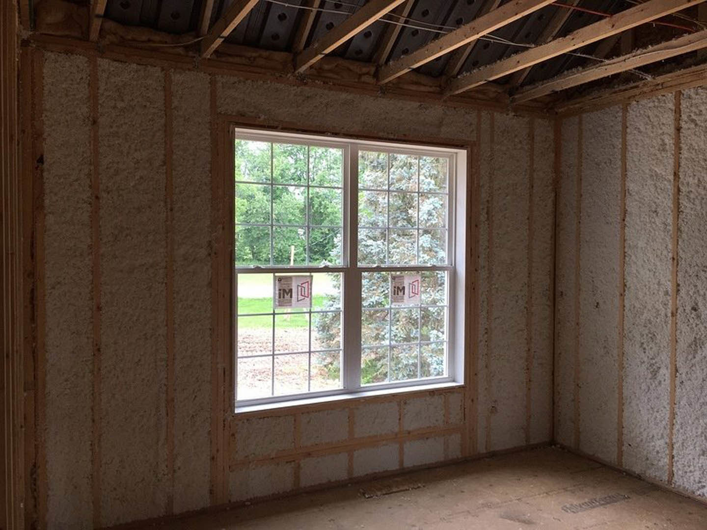 Sunlit room featuring a large window with white trim, exposed wood framing, light-colored walls, and hardwood flooring