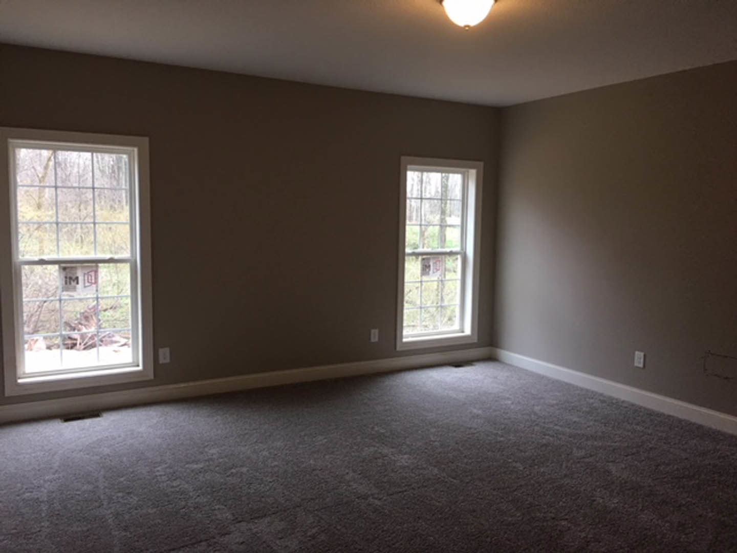 Carpeted room with large windows, white plaster walls, and ceiling light fixture