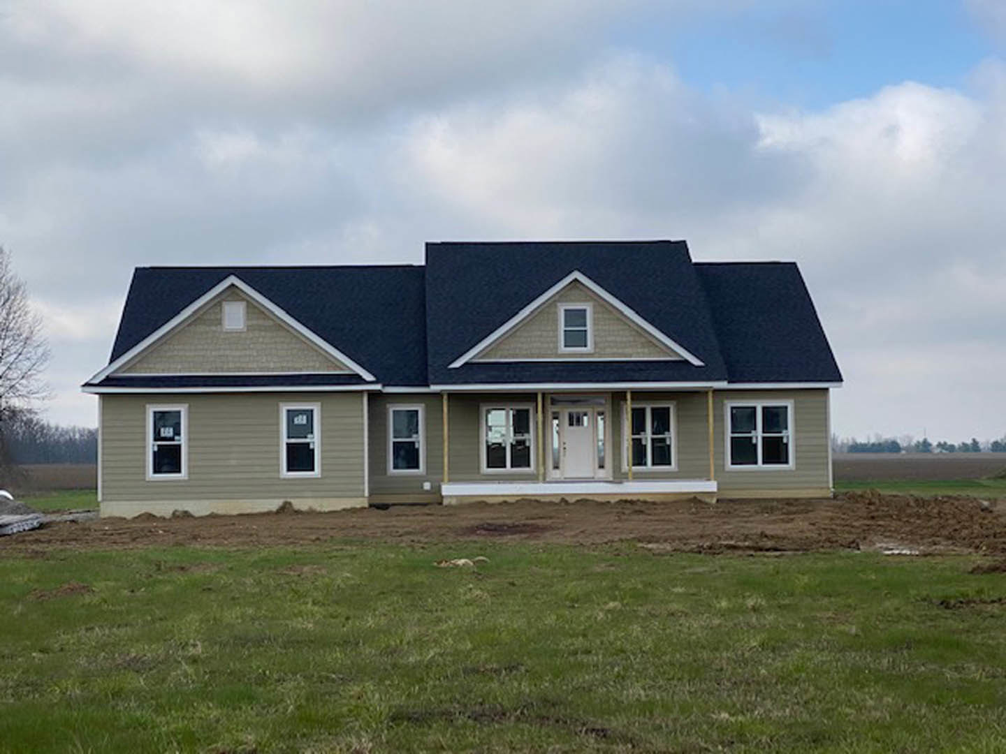 Partially built house with blue roof, white-framed window, and unfinished door, surrounded by green grass under cloudy sky; dog lying in foreground