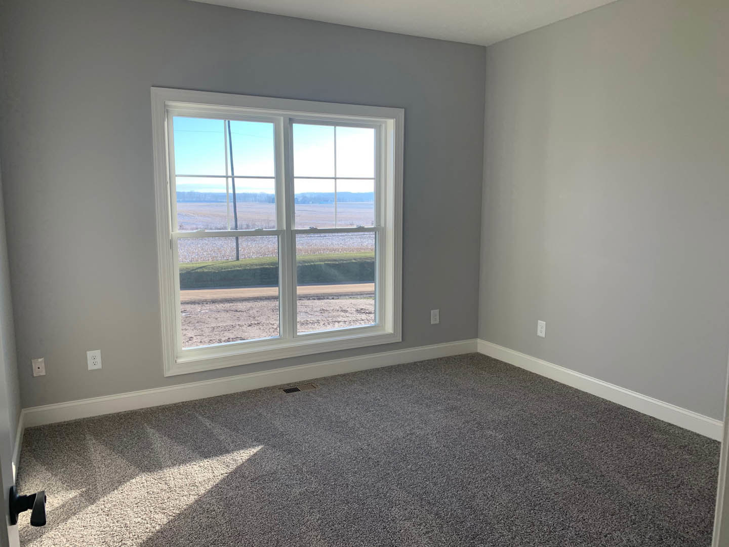 White-walled room with beige carpet, large window overlooking green lawn and dirt field, black door handle on white door
